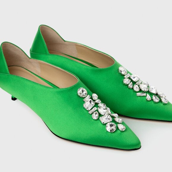 Ether Kelly Green Satin Heels, 30mm with Crystal Embellishments - Picture 2 of 9